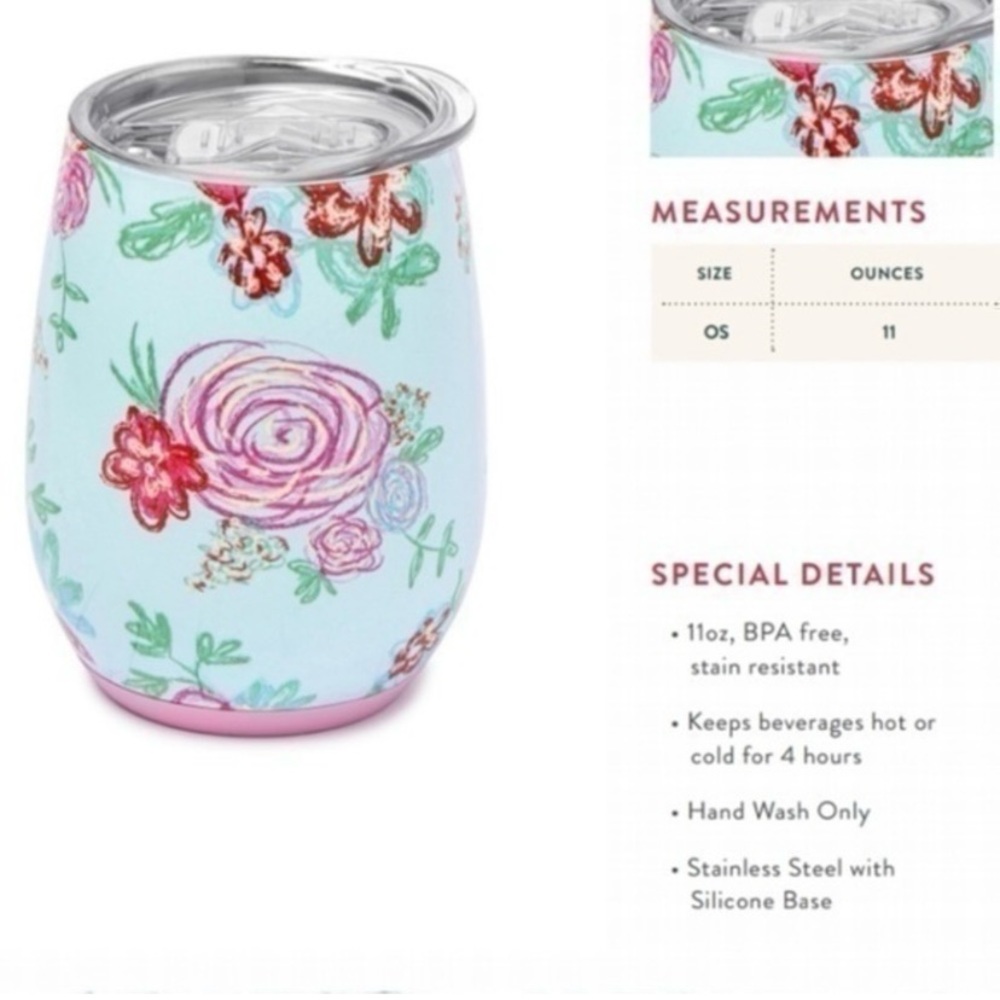 🎅🏻SALE Matilda Jane floral 11oz wine or drink tumbler in blues and pinks lid - Picture 3 of 14